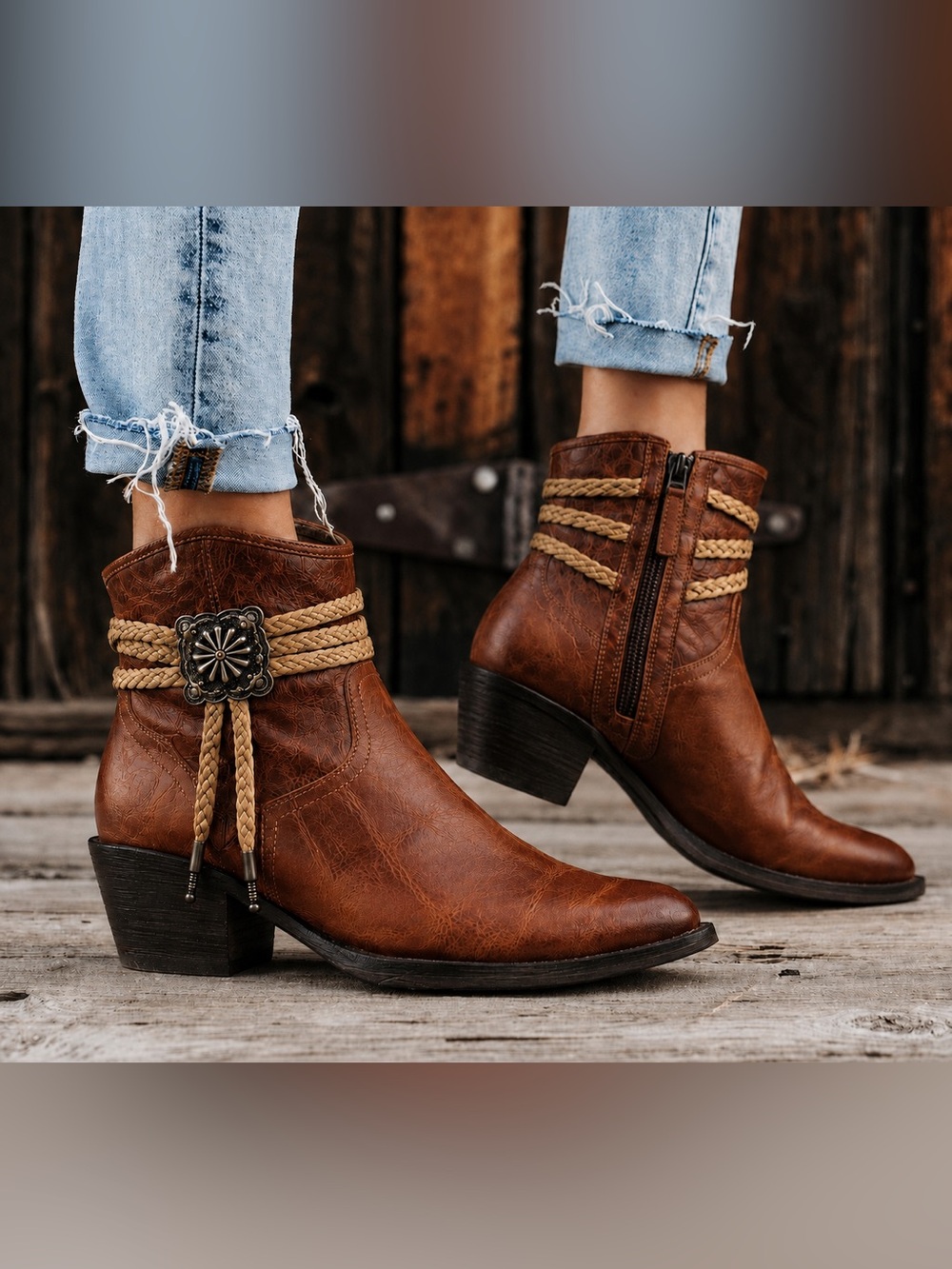 Ariat Brown Leather Ankle Boot with Braided Cream Bolo